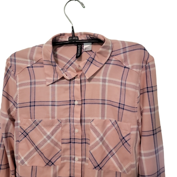 H&M Divided Pink&Gray Plaid Boyfriend Button Down Y2K - Picture 3 of 3
